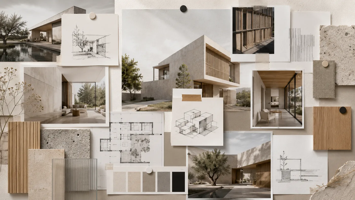 Moodboard de arquitetura com paleta, materiais e atmosfera coerentes