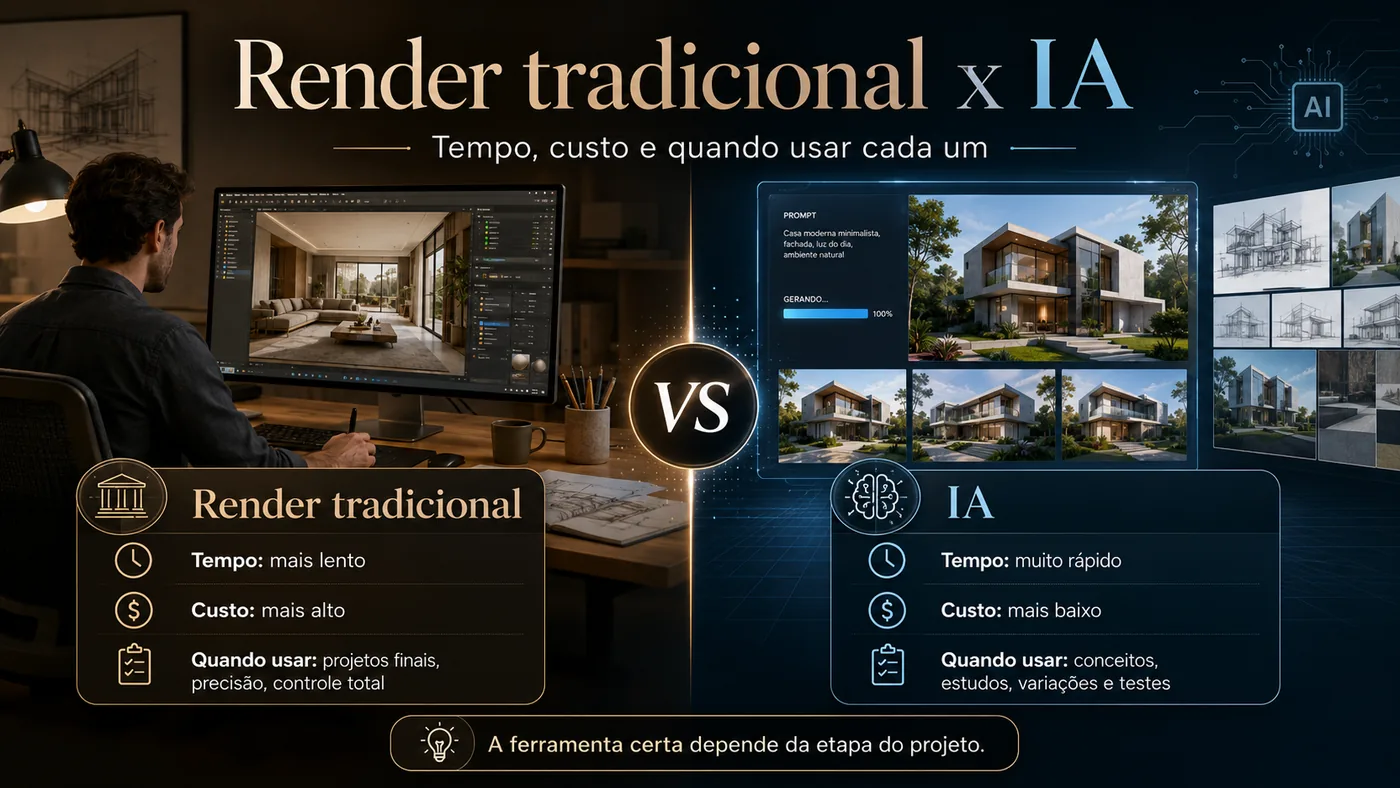 Comparação entre render tradicional e render gerado por IA